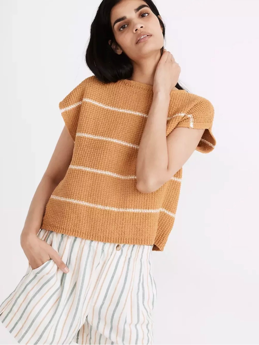 MADEWELL Boatneck Button-Back Sweater Tee in Golden Straw Stripe